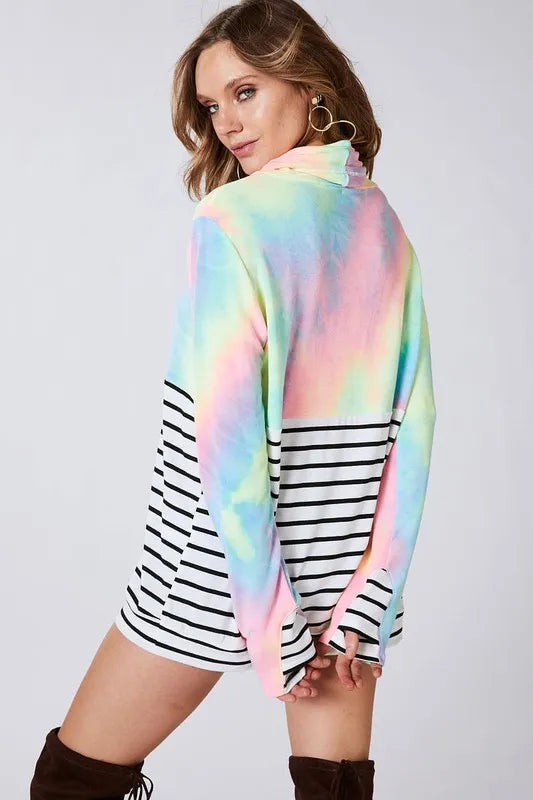 BiBi Tie-Dye French Terry Cowl Neck Top – Cozy, Vibrant & Stylish