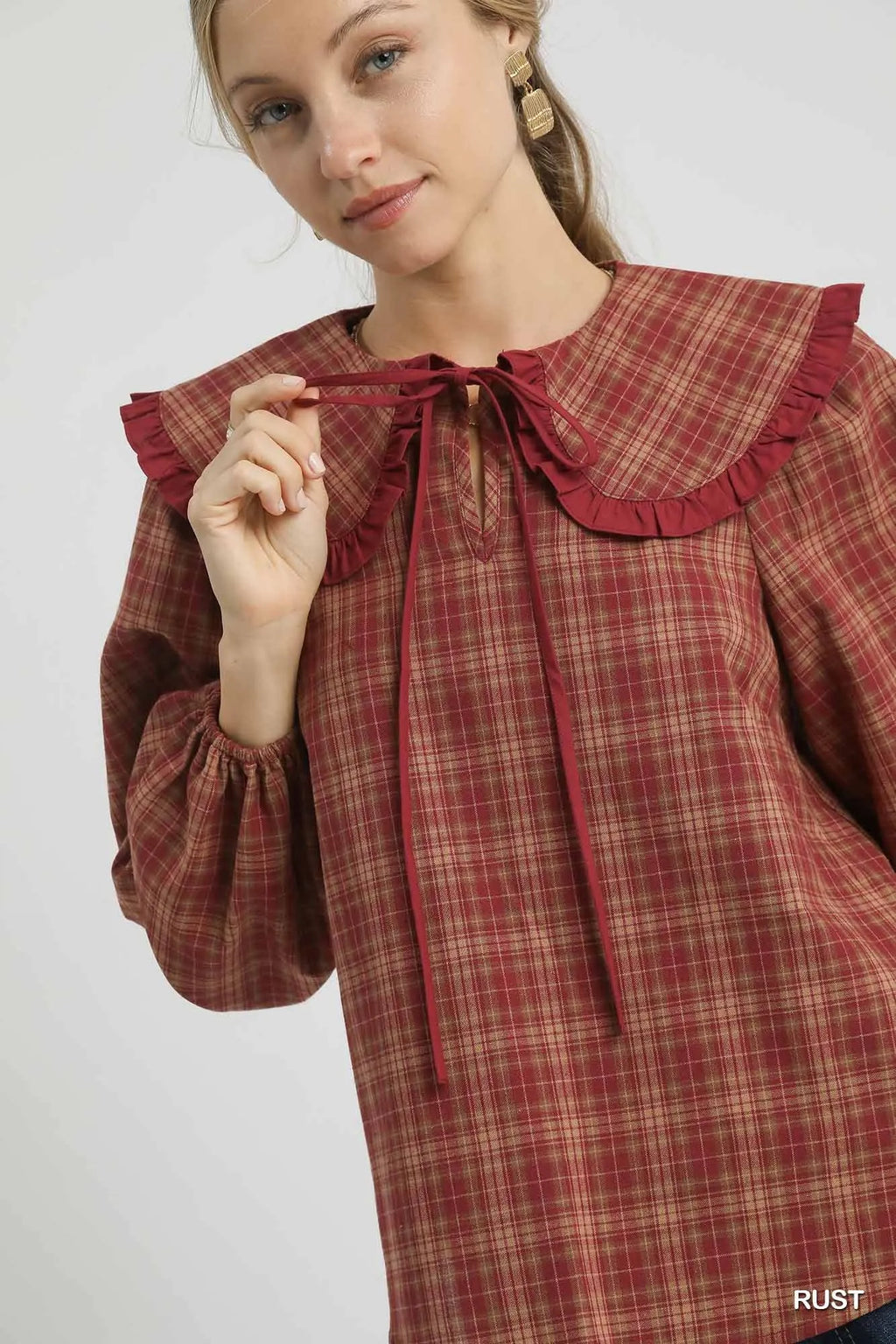Rust Plaid Ruffle Collar Plus Blouse Vintage Women’s Fall Winter Top