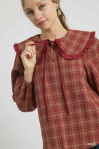 Rust Plaid Ruffle Collar Plus Blouse Vintage Women’s Fall Winter Top