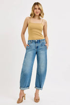 Dreamkue-Risen Women's Mid Rise Barrel Jeans Rolled Cuff Cropped Fit,Stretch Denim
