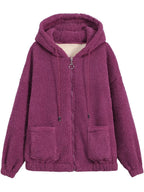 Rose red fleece zip-up hoodie with hood, front zipper, and front patch pockets