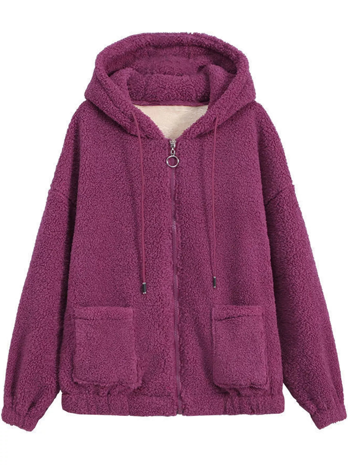 Rose red fleece zip-up hoodie with hood, front zipper, and front patch pockets