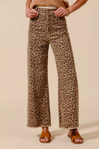 SO ME Leopard Twill Wide Leg Pants – Mid Rise with Frayed Hem Detail