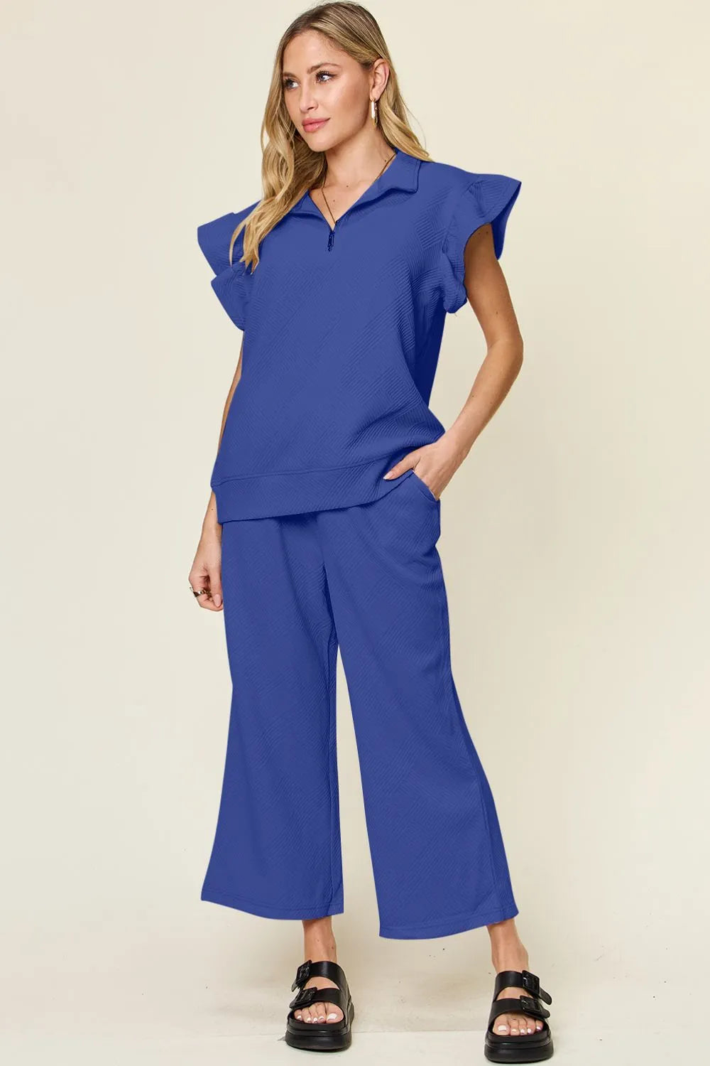 Ruffle Sleeve Top & Wide-Leg Pants Set – Chic, Comfy & Effortless