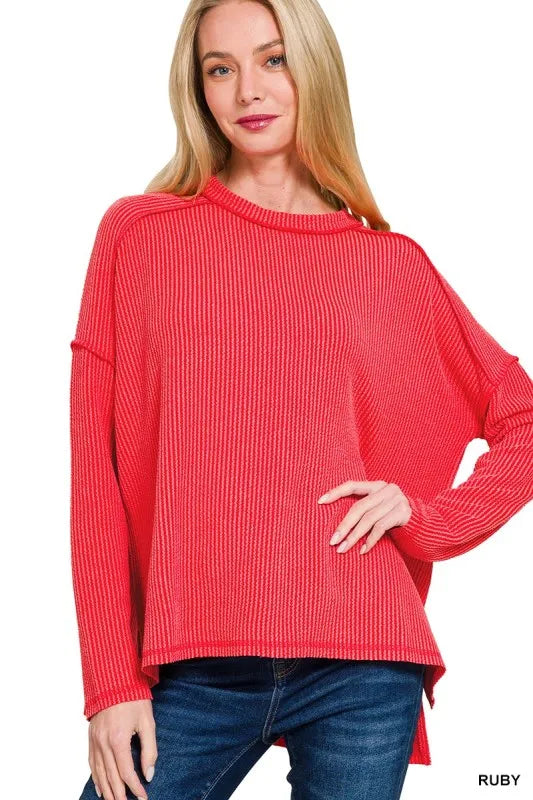 Exposed Seam Ribbed Knit Top – Long Sleeve, Textured & Stretchy