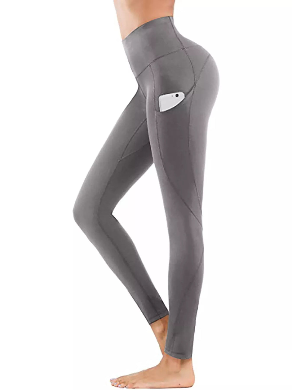 Gray high-waisted pocket leggings, full-length side view with pocket detail