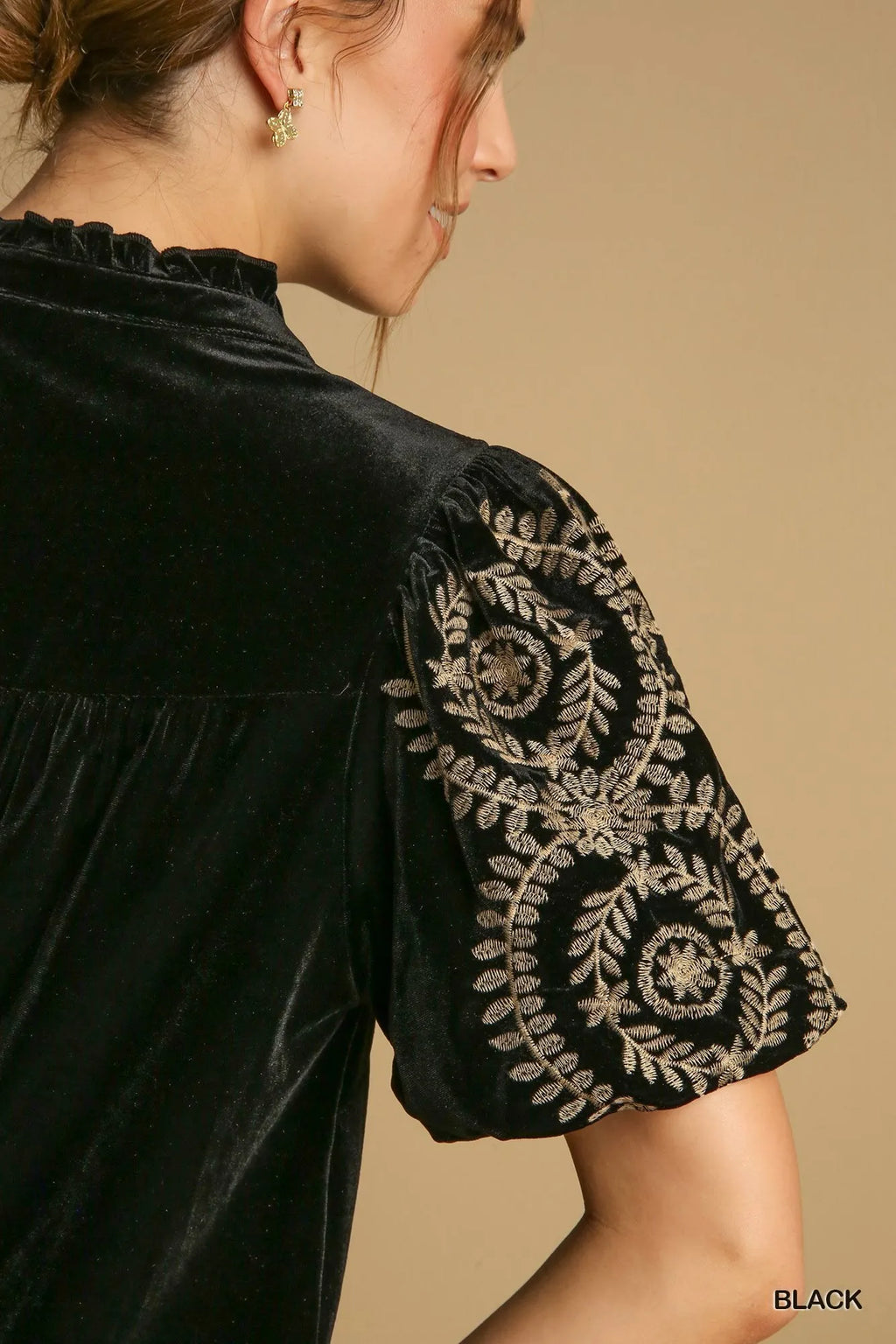 Velvet Embroidered Sleeve Blouse Luxe Ruched Top with Elegant Detailing