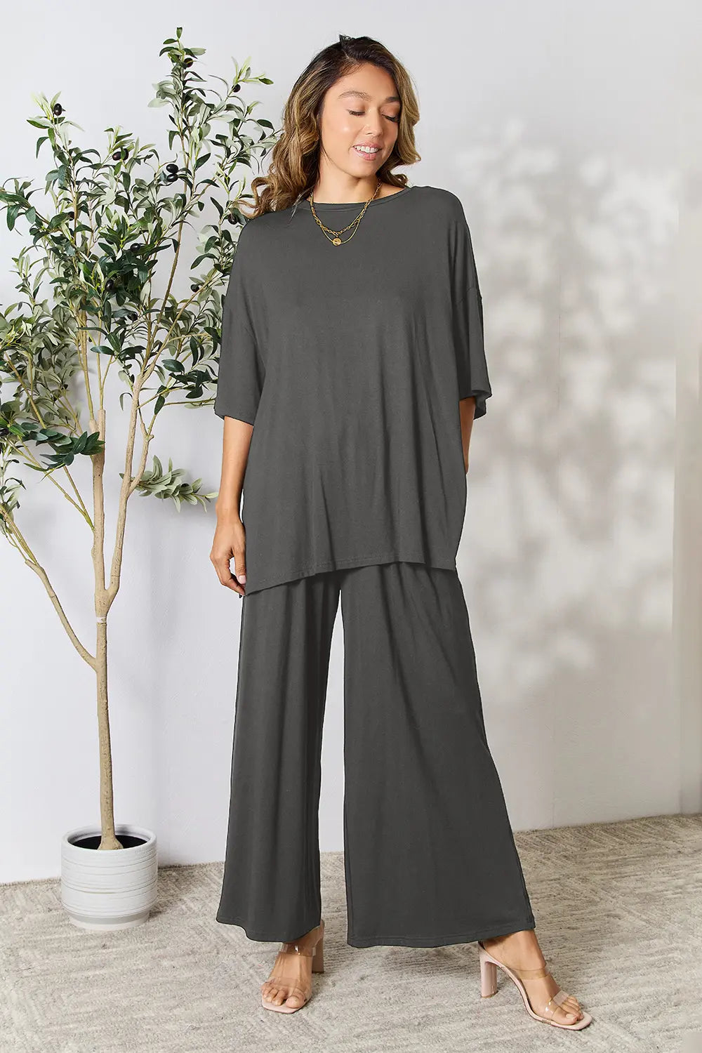 Chic Round Neck Slit Top & Pants Set – Stylish, Comfy & Versatile
