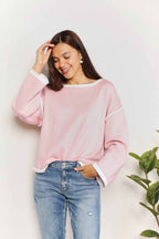 Contrast Detail Knit Pullover with Boat Neck Dropped Shoulders
