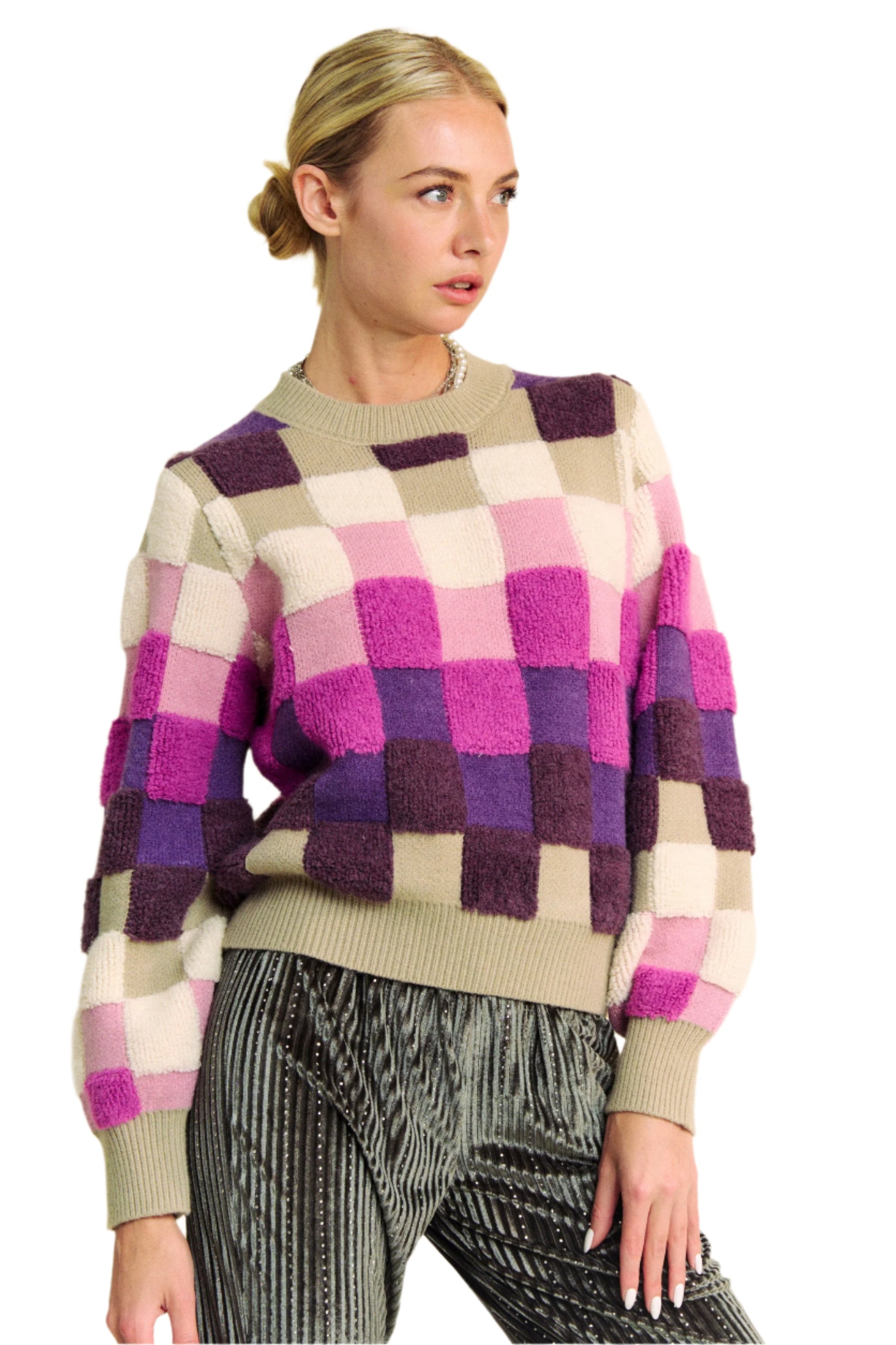 Davi & Dani Checkered Round Neck Long Sleeve Sweater