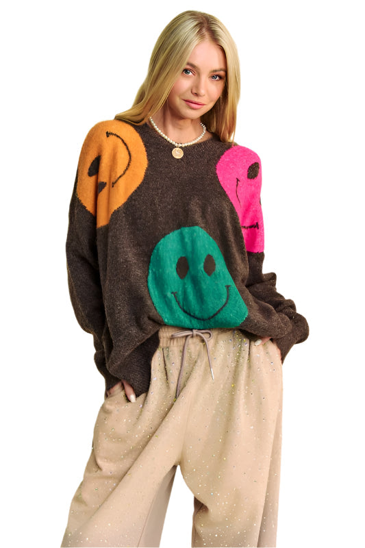 Davi & Dani Contrast Smile Round Neck Oversize Sweater
