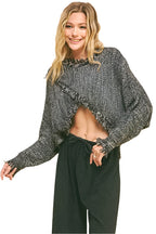 Davi & Dani Fringe Hem Overlapping Asymmetrical Crop Sweater