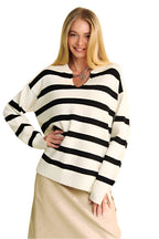 Davi & Dani High-Low Side Slit Striped Johnny Collar Sweater