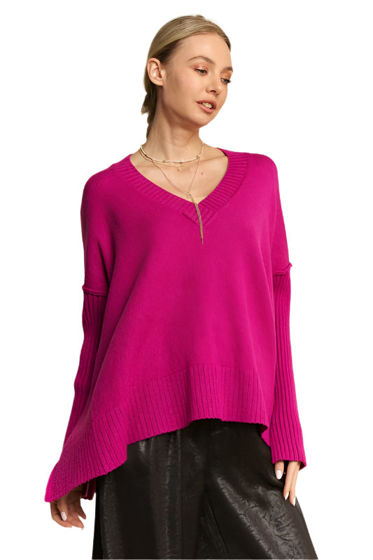 Davi & Dani Ribbed Side Slit V-Neck Sweater