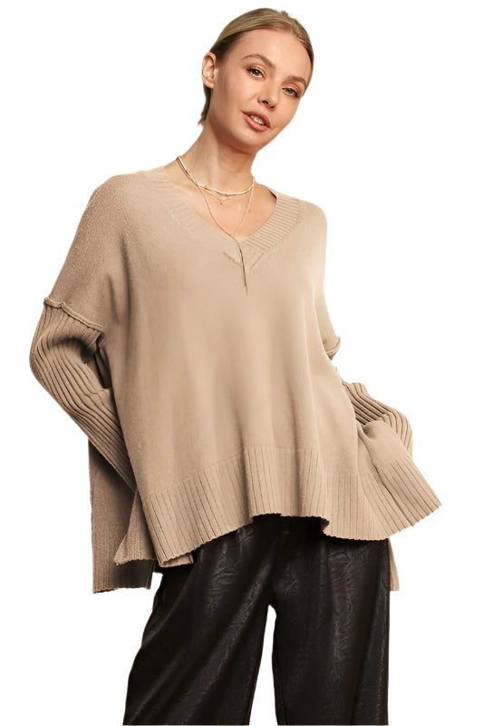 Davi & Dani Ribbed Side Slit V-Neck Sweater
