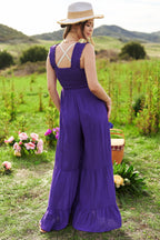 Davi & Dani Smocked Bodice Strap Ruffle Tie Belt Jumpsuit