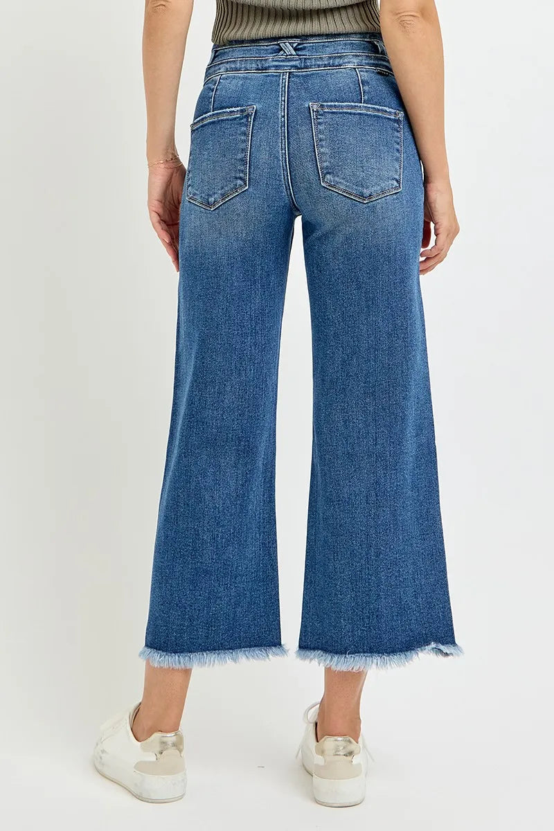 Dreamkue-Risen Women's High Rise Crop Wide Leg Jeans with Wide Waistband Detail Stretch Denim