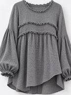 Gray frayed ruffle-trim peplum blouse with textured fabric and scalloped neckline