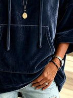 Dark navy velvet kangaroo pocket hoodie with front hood and drawstring ties