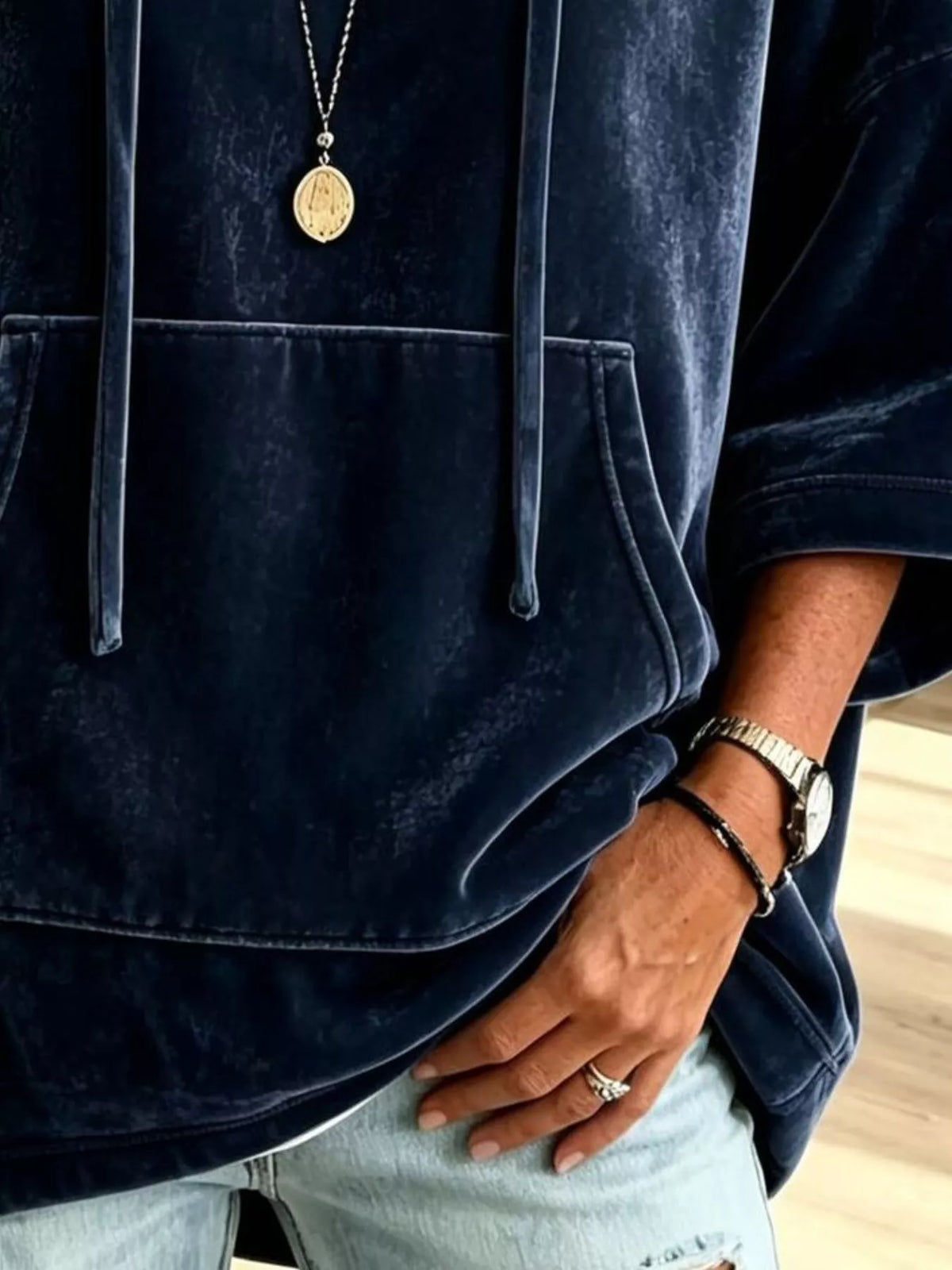 Dark navy velvet kangaroo pocket hoodie with front hood and drawstring ties