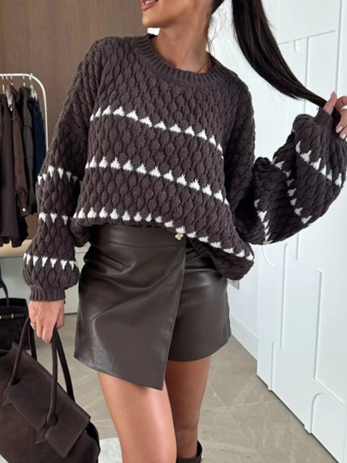 Chunky Knit Striped Sweater with Balloon Sleeves – Cozy Chic Style