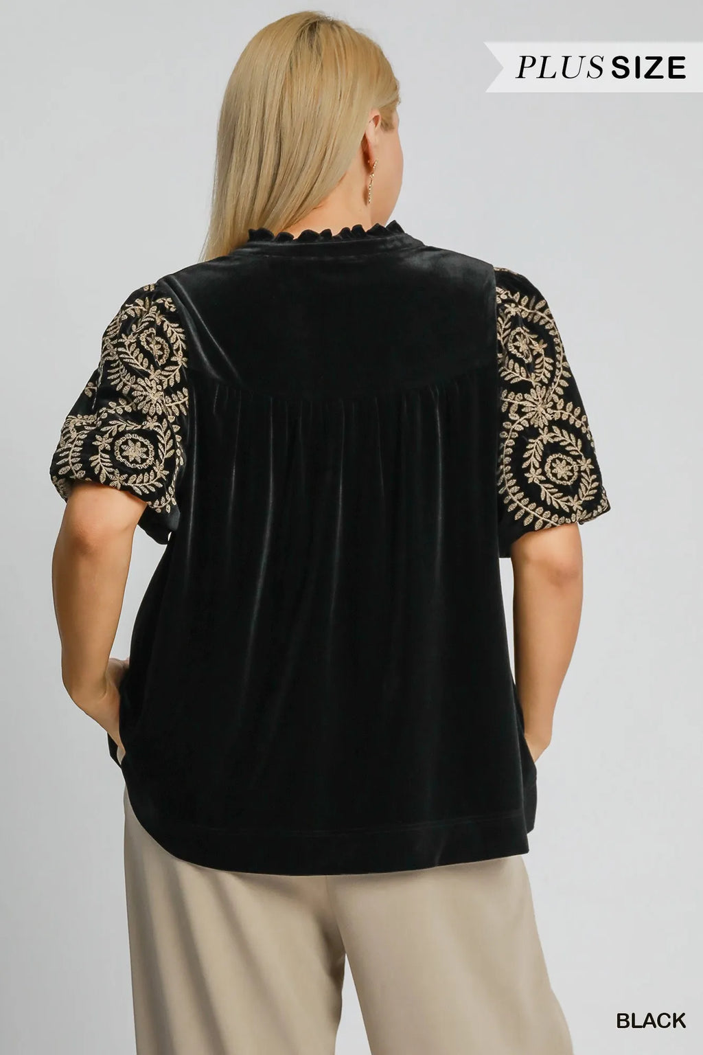 Velvet Embroidered Sleeve Blouse Luxe Ruched Top with Elegant Detailing