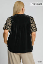 Velvet Embroidered Sleeve Blouse Luxe Ruched Top with Elegant Detailing