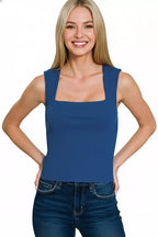 Women's LT navy ribbed seamless square-neck double-layer tank top, fitted