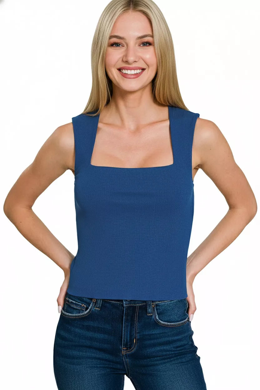 Women's LT navy ribbed seamless square-neck double-layer tank top, fitted
