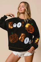 Halloween Sequin Pumpkin & Ghost Sweatshirt – Oversized Black Pullover