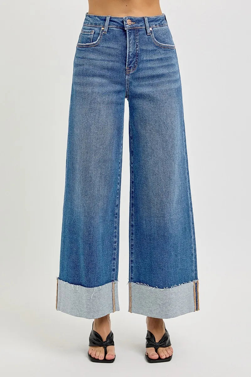 Tummy Control High Rise Crop Wide Cuffed Jeans | Slimming Trendy Fit