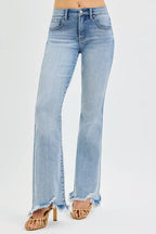Mid Rise Flare Jeans with Tummy Control & Fray Hem | Trendy Fit