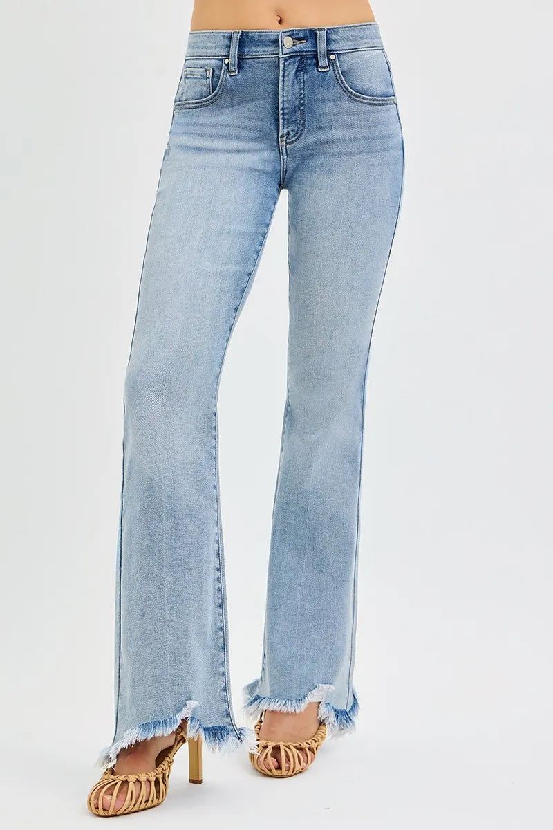 Mid Rise Flare Jeans with Tummy Control & Fray Hem | Trendy Fit