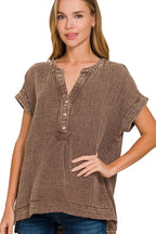 Brown Textured Gauze Henley Blouse – Short Sleeves & High-Low Hem