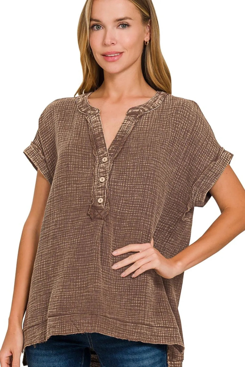 Brown Textured Gauze Henley Blouse – Short Sleeves & High-Low Hem