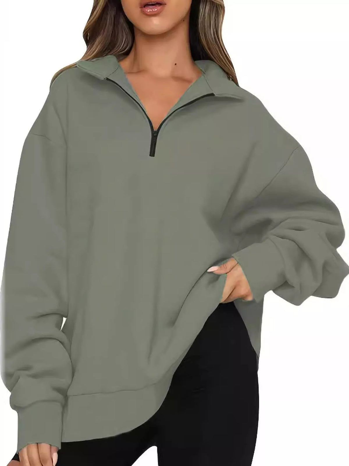 Oversized zip-neck sweatshirt, olive-gray with half-zip and ribbed cuffs