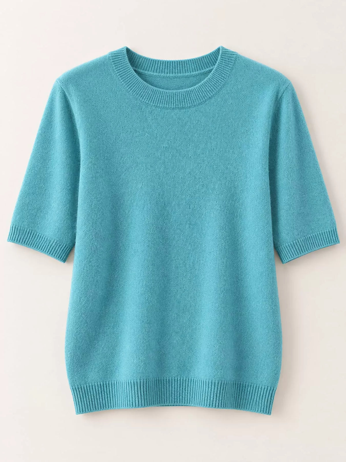 Teal round-neck short-sleeve knit sweater, ribbed collar, cuffs, and bottom hem