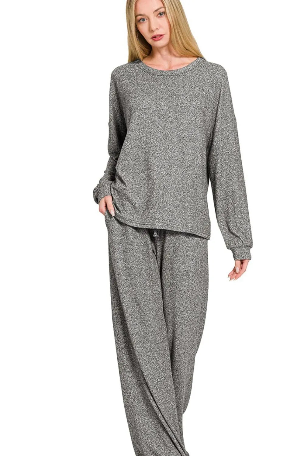 Zenana Soft Melange Hacci Set – Long Sleeve Top & Drawstring Pants