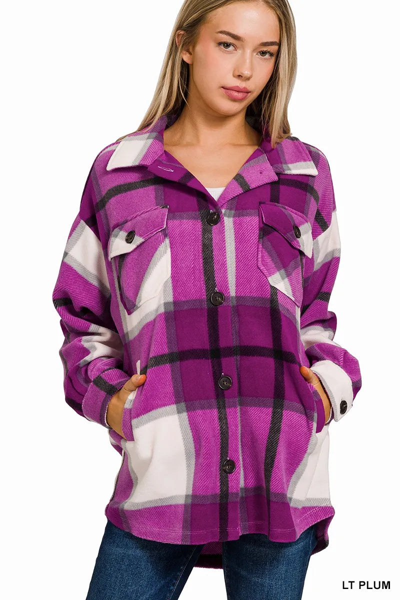 Purple Plaid Flannel Jacket for Women Oversized Button-Up Casual Shacket