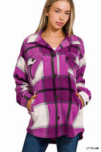Purple Plaid Flannel Jacket for Women Oversized Button-Up Casual Shacket