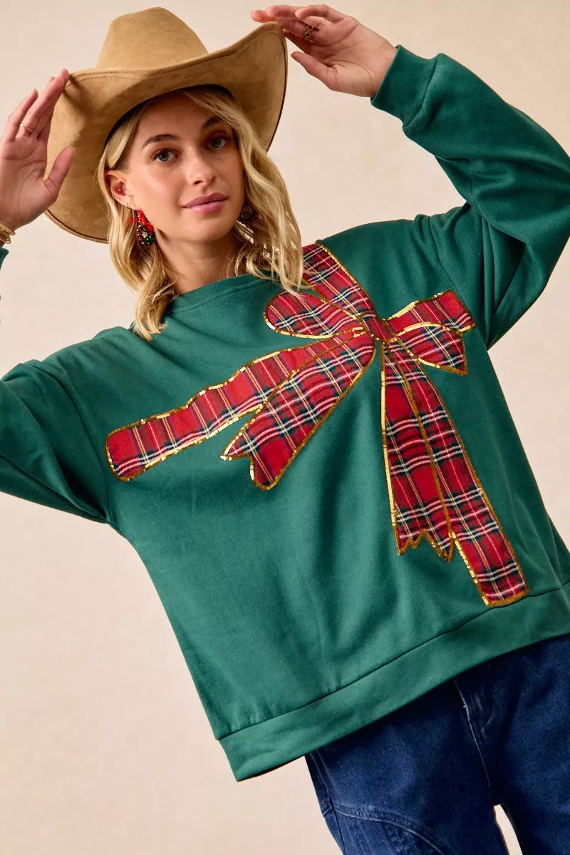 BiBi Plaid Ribbon Bow Christmas Fleece Pullover – Festive Cozy Holiday Top