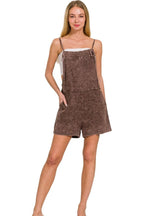 Brown Cotton Romper – Vintage Wash, Pockets & Adjustable Straps