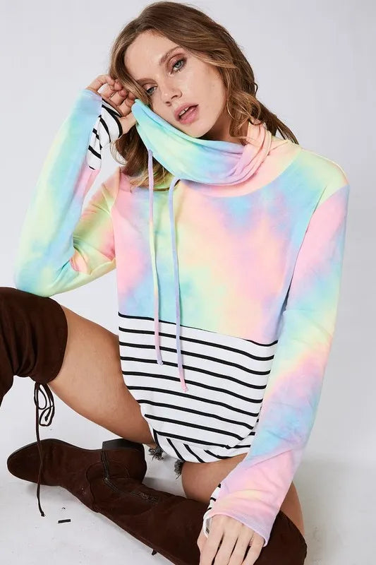 BiBi Tie-Dye French Terry Cowl Neck Top – Cozy, Vibrant & Stylish