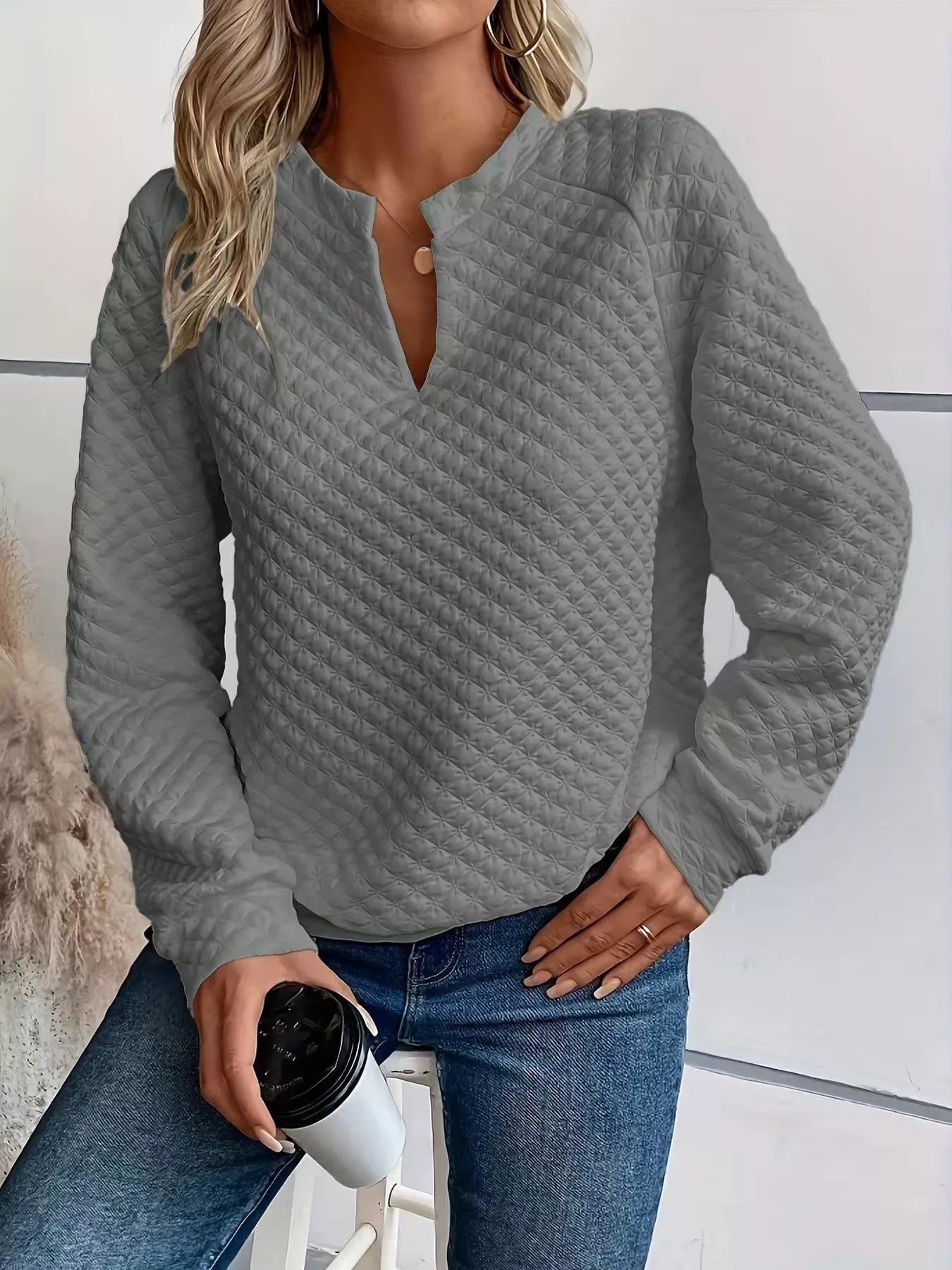 Notched Raglan Sleeve Sweatshirt – Casual Cozy Pullover