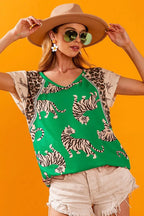 Tiger Print T-Shirt with Aztec Trim – Bold, Breathable & Stylish