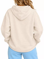 Cream cat-pouch drawstring hoodie, back view with hood and pouch