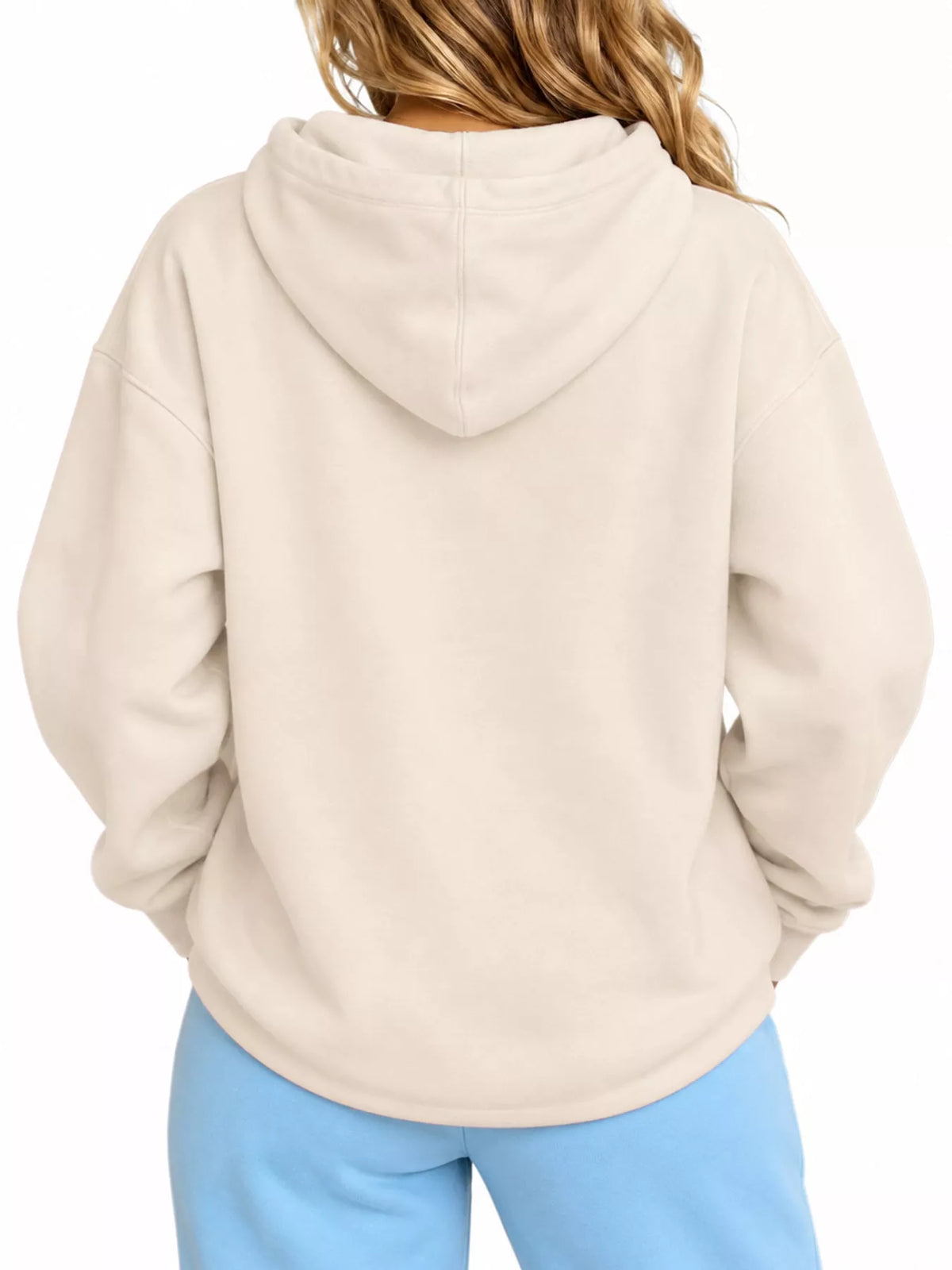 Cream cat-pouch drawstring hoodie, back view with hood and pouch