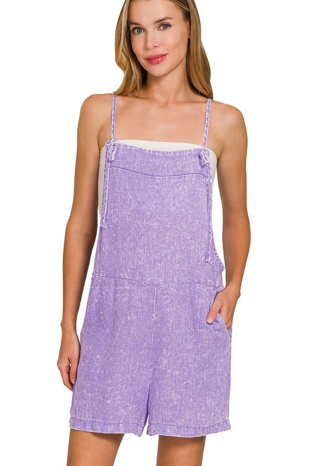 Purple Denim-Style Romper – Adjustable Straps, Pockets & Relaxed Fit