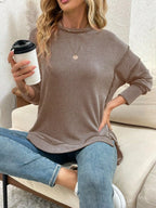 Side Slit Round Neck Dropped Shoulder Sweatshirt – Relaxed Casual Fit