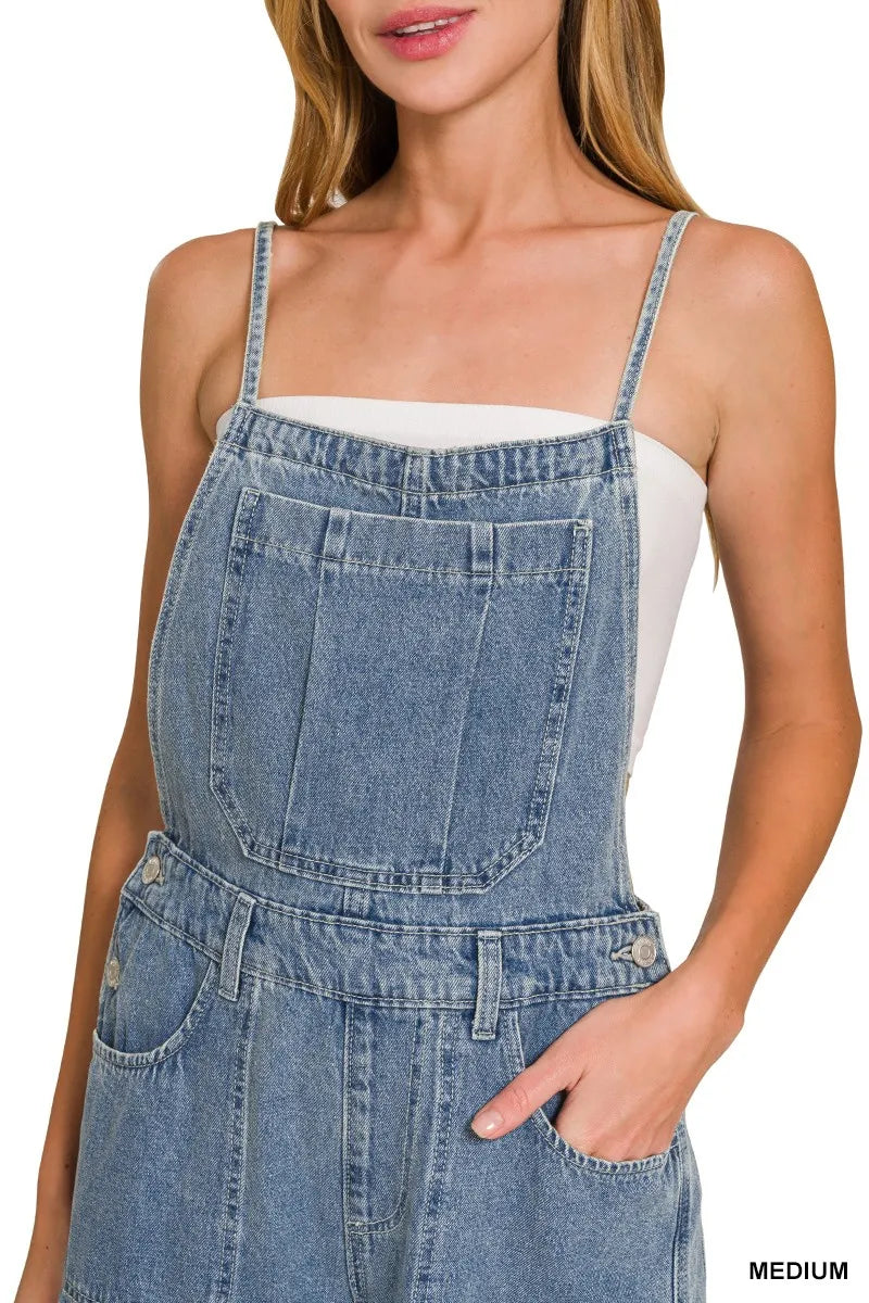 Medium Washed Wide Leg Denim Overalls | Women’s Retro Casual Jeans